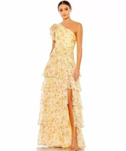 Ieena For Mac Duggal Floral Print Ruffle Tiered One Shoulder Gown Shop For