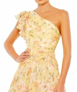Ieena For Mac Duggal Floral Print Ruffle Tiered One Shoulder Gown Shop For