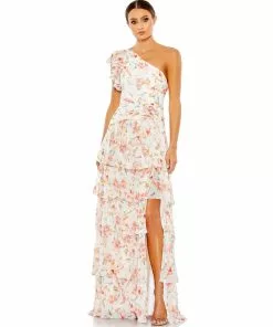 Ieena For Mac Duggal Floral Print Ruffle Tiered One Shoulder Gown Shop For