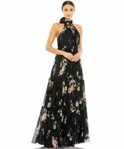 Ieena For Mac Duggal Floral Print Ruched Tiered High Neck Bow Gown Shop For