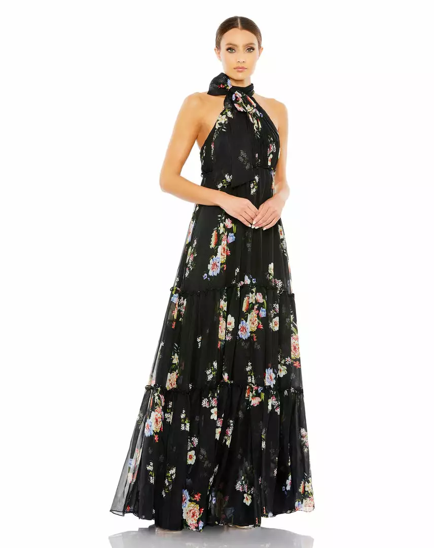 Ieena For Mac Duggal Floral Print Ruched Tiered High Neck Bow Gown Shop For 1 Ieena For Mac Duggal Floral Print Ruched Tiered High Neck Bow Gown Shop For