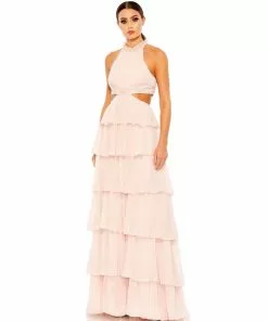 Ieena For Mac Duggal Tiered Ruffle Pleated High Neck Ball Gown