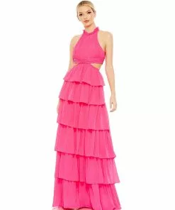 Ieena For Mac Duggal Tiered Ruffle Pleated High Neck Ball Gown