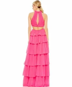 Ieena For Mac Duggal Tiered Ruffle Pleated High Neck Ball Gown