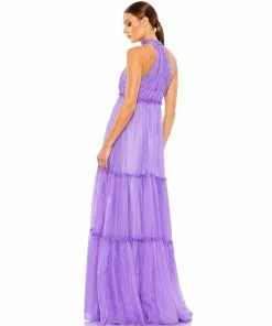 Ieena For Mac Duggal Ruched Tiered High Neck Bow A Line Gown