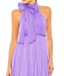 Ieena For Mac Duggal Ruched Tiered High Neck Bow A Line Gown