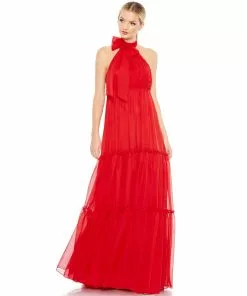 Ieena For Mac Duggal Ruched Tiered High Neck Bow A Line Gown