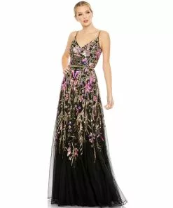 Mac Duggal V Neck Floral Embellished Spaghetti Strap Gown