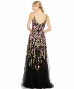 Mac Duggal V Neck Floral Embellished Spaghetti Strap Gown