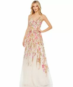 Mac Duggal V Neck Floral Embellished Spaghetti Strap Gown