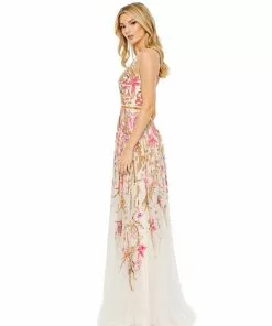 Mac Duggal V Neck Floral Embellished Spaghetti Strap Gown
