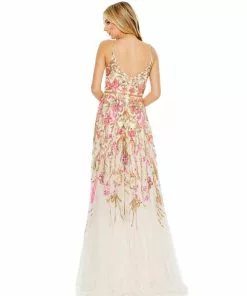 Mac Duggal V Neck Floral Embellished Spaghetti Strap Gown