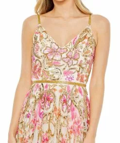 Mac Duggal V Neck Floral Embellished Spaghetti Strap Gown