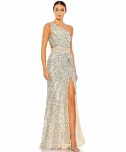 MAC Sequined One Shoulder Draped Lace Up Gown Shop For