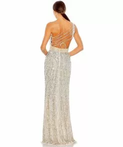 MAC Sequined One Shoulder Draped Lace Up Gown Shop For