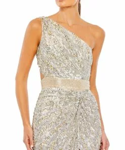 MAC Sequined One Shoulder Draped Lace Up Gown Shop For