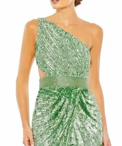 MAC Sequined One Shoulder Draped Lace Up Gown Shop For