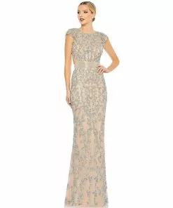 Mac Duggal Embellished Cut Out Lace Up Cap Sleeve Gown