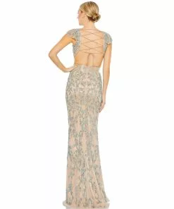 Mac Duggal Embellished Cut Out Lace Up Cap Sleeve Gown
