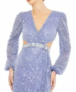 Mac Duggal Sequined Faux Wrap Cut Out Puff Sleeve Gown Shop For