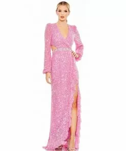 Mac Duggal Sequined Faux Wrap Cut Out Puff Sleeve Gown Shop For