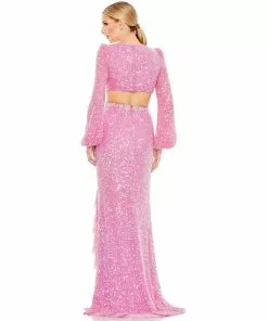 Mac Duggal Sequined Faux Wrap Cut Out Puff Sleeve Gown Shop For