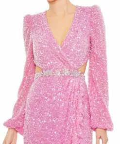 Mac Duggal Sequined Faux Wrap Cut Out Puff Sleeve Gown Shop For