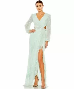 Mac Duggal Sequined Faux Wrap Cut Out Puff Sleeve Gown Shop For