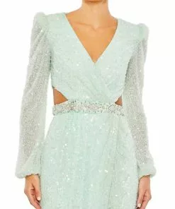 Mac Duggal Sequined Faux Wrap Cut Out Puff Sleeve Gown Shop For