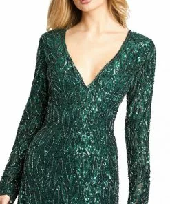 Mac Duggal Long Sleeve Beaded V-Neck Gown