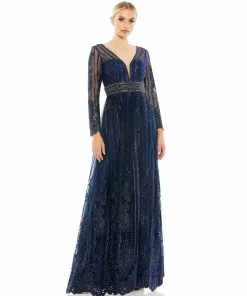 Mac Duggal Long Sleeve Floral Illusion Beaded Gown | Final Sale Shop For