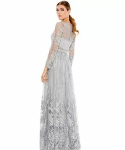 Mac Duggal Long Sleeve Floral Illusion Beaded Gown | Final Sale Shop For