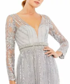 Mac Duggal Long Sleeve Floral Illusion Beaded Gown | Final Sale Shop For