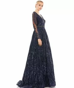 Mac Duggal Midnight Long Sleeve Embellished Evening Gown Shop For