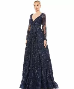 Mac Duggal Midnight Long Sleeve Embellished Evening Gown Shop For