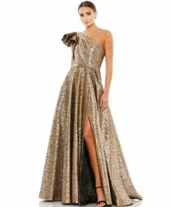 Mac Duggal One-Shoulder Metallic Ballgown