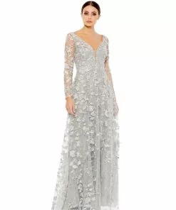 Mac Duggal Shop For Floral Applique Long Sleeve Illusion Gown