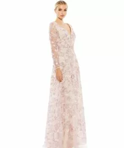 Mac Duggal Shop For Floral Applique Long Sleeve Illusion Gown