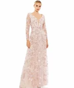 Mac Duggal Shop For Floral Applique Long Sleeve Illusion Gown