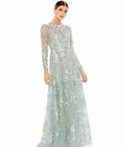 Mac Duggal Floral Embroidered Illusion Long Sleeve Gown