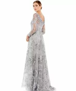 Mac Duggal Floral Embroidered Illusion Long Sleeve Gown