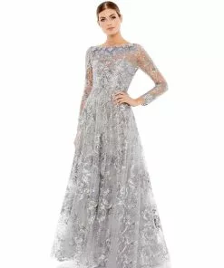 Mac Duggal Floral Embroidered Illusion Long Sleeve Gown