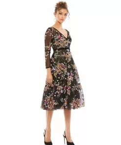 Mac Duggal Black Floral Embroidered Tea Length Dress Shop For