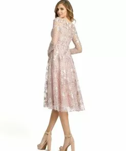 Mac Duggal Long Sleeve Floral Embroidered Tea Length Dress
