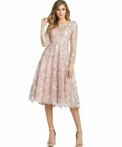Mac Duggal Long Sleeve Floral Embroidered Tea Length Dress