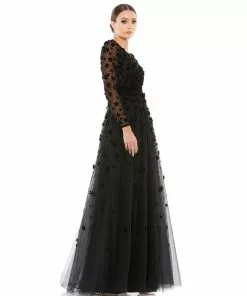 Mac Duggal Mother Of The Bride + Groom Dresses Long Sleeve A-Line Gown With 3D Floral Accents
