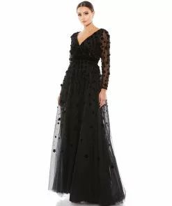 Mac Duggal Mother Of The Bride + Groom Dresses Long Sleeve A-Line Gown With 3D Floral Accents