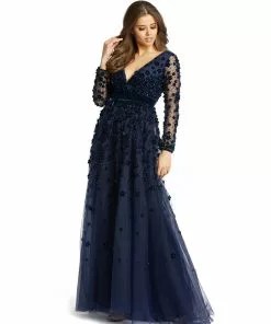 Mac Duggal Mother Of The Bride + Groom Dresses Long Sleeve A-Line Gown With 3D Floral Accents