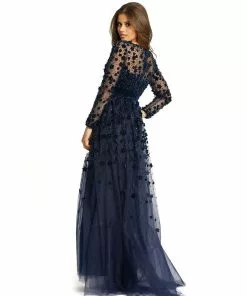 Mac Duggal Mother Of The Bride + Groom Dresses Long Sleeve A-Line Gown With 3D Floral Accents