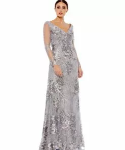 Mac Duggal Embellished V Neck Illusion Long Sleeve Gown
